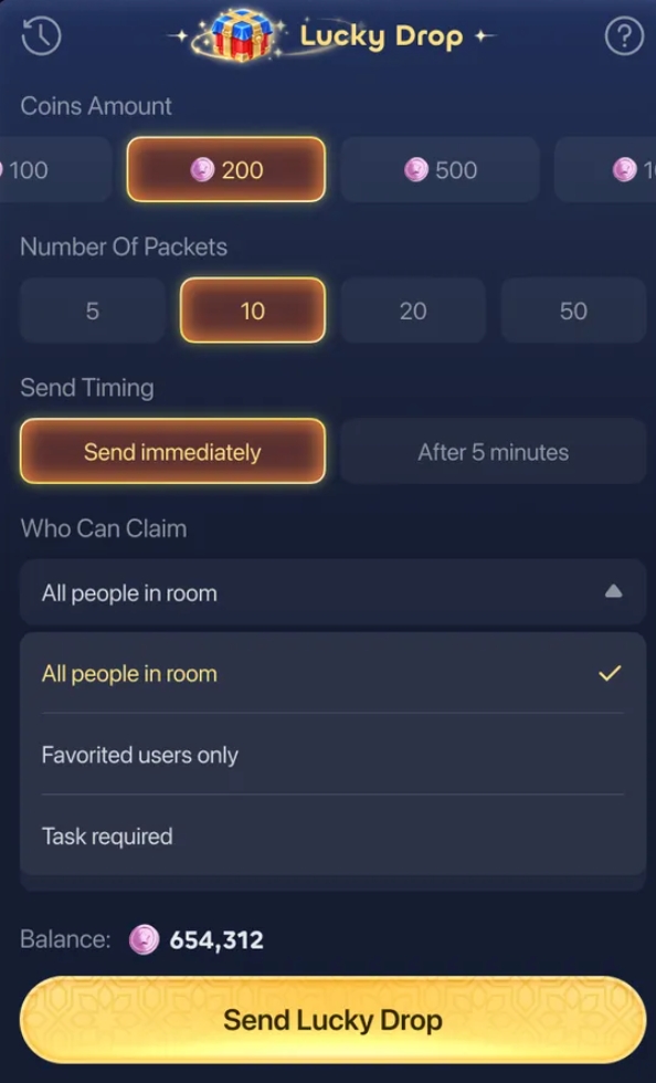 Jeton miktarı, paket sayısı, gönderim zamanı ve alıcı seçenekleri bulunan Airdrop ayar ekranı